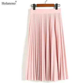 

Holanono Spring Autumn Fashion Women's High Waist Pleated Solid Color Half Length Elastic Skirt Promotions Lady Black Pink