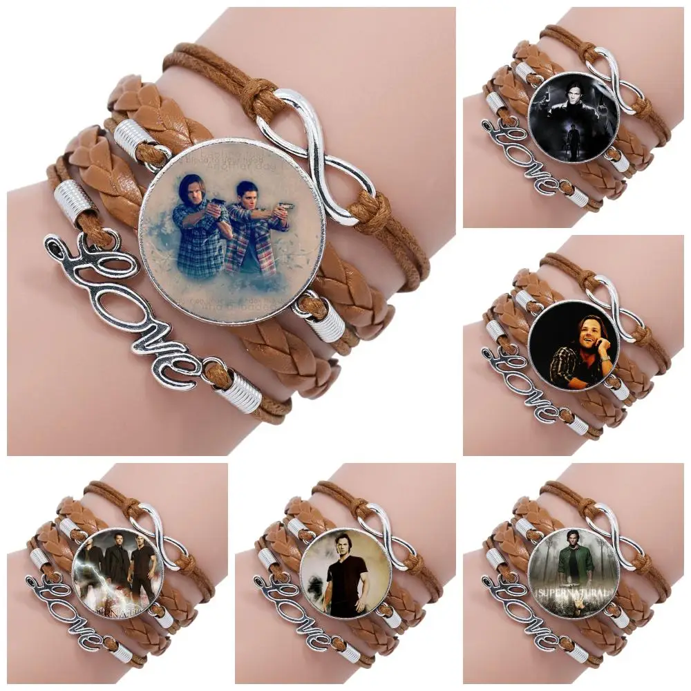 

For Women Party Gift Supernatural Sam Vintage Fashion Glass Multilayer Black/Brown Leather Bracelet Bangles Jewelry Handmade