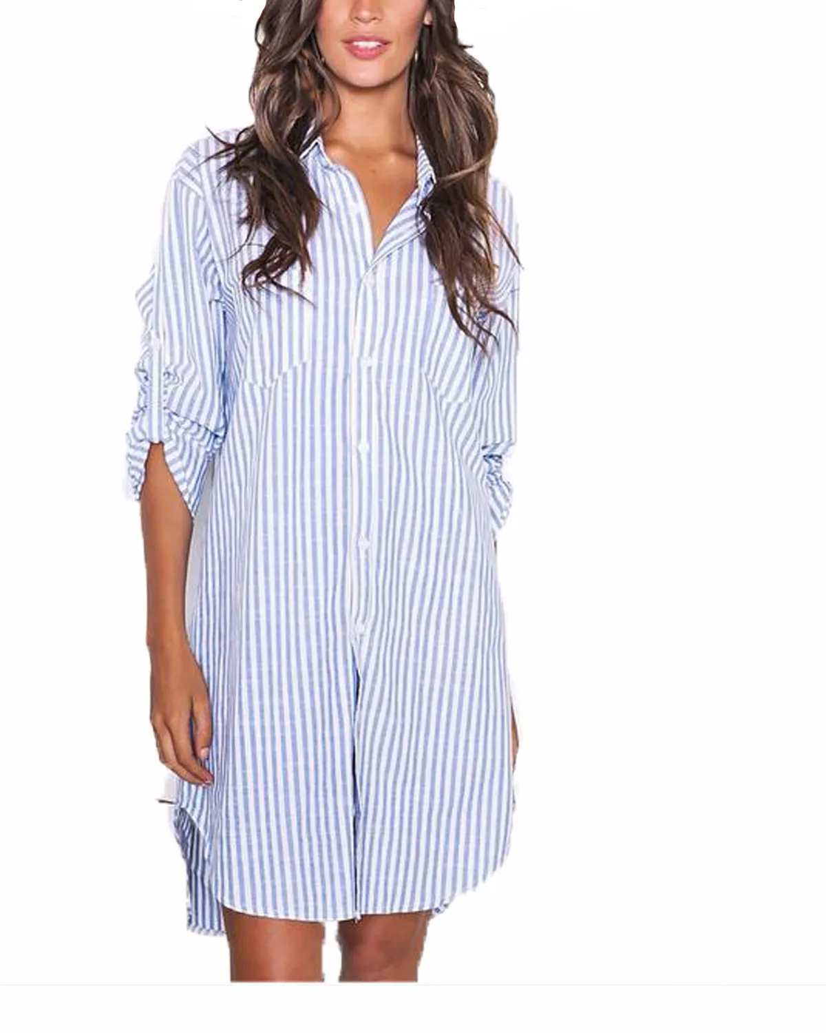 

Women Mini Shirts Dresses 2019 Spring Autumn Casual Loose Long Sleeve Turn-down Collar Stripe Button Short Elegant Party Dress