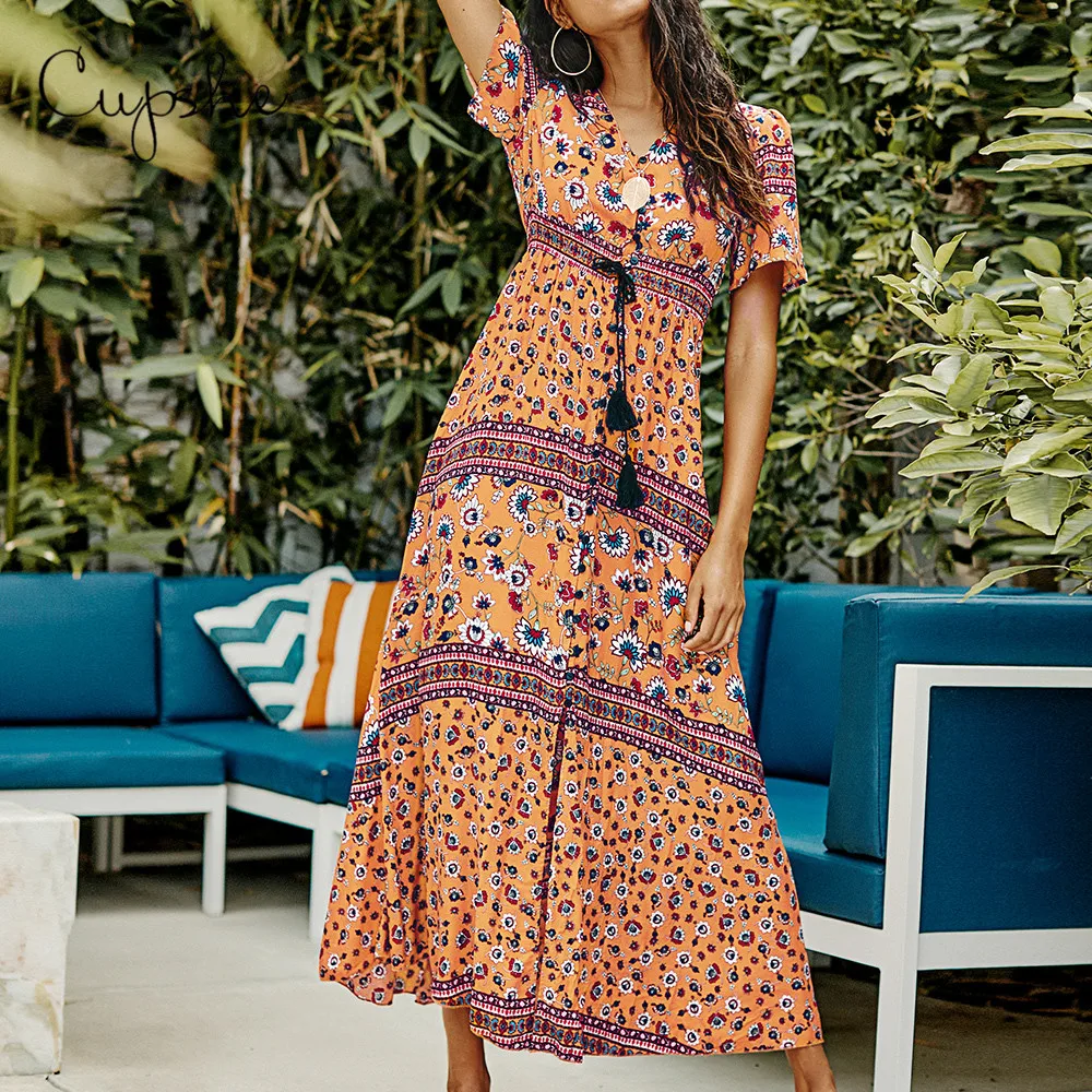 

CUPSHE Vintage V neck Floral Print Slit side Long Maxi Dress 2019 New Summer Beach Slim Tassel Orange Sundress Vestido