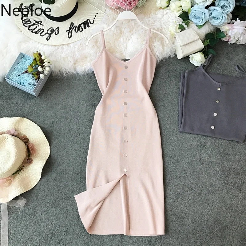 

Neploe Knitted Women Dress Summer 2019 Ice Silk V-Neck Sleeveless Vestidos Sexy Single Breasted High Waist Bodycon Dresses 44167