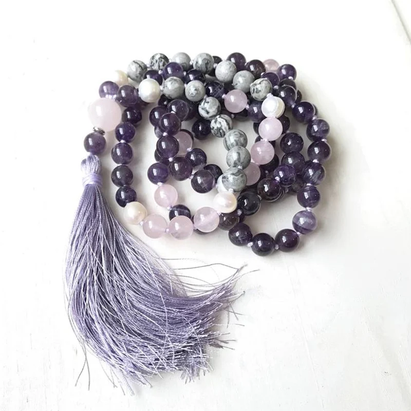 

Amethysts & J-asper Mala Beads Knotted Necklace 108 Beads With Handmade Tassel Necklace Boho Jewelry For Women Girl Gift