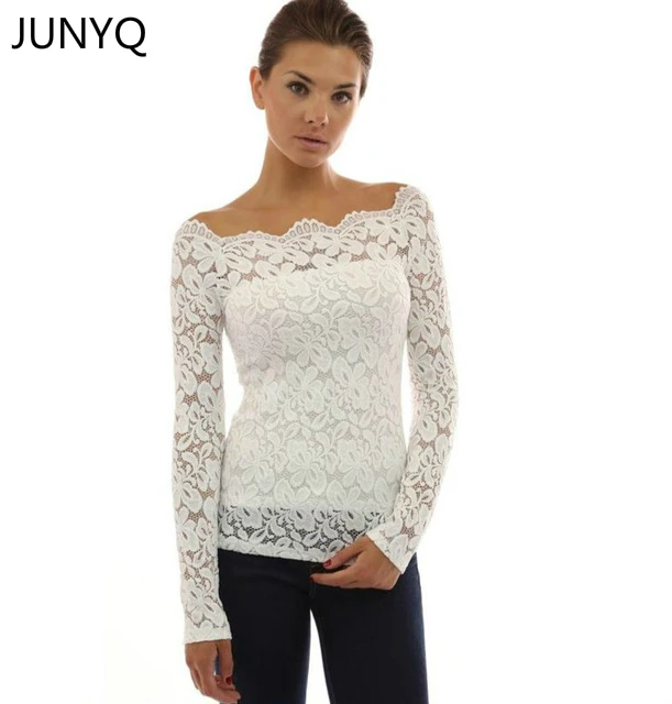 

Free shipping 2019 summer style T Shirt Slash neck sleeved lace collar Tshirt slim women T-Shirt