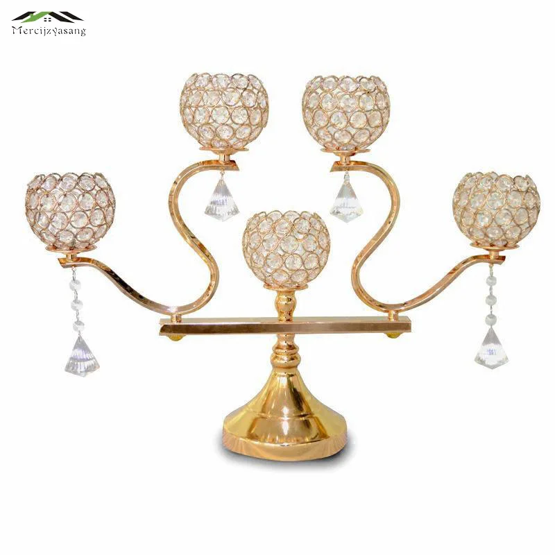 

2Pcs/lot Metal Gold/Silver Candle Holders 5-Arms With Crystals 60CM Stand Pillar Candlestick For Wedding Portavelas Candelabra