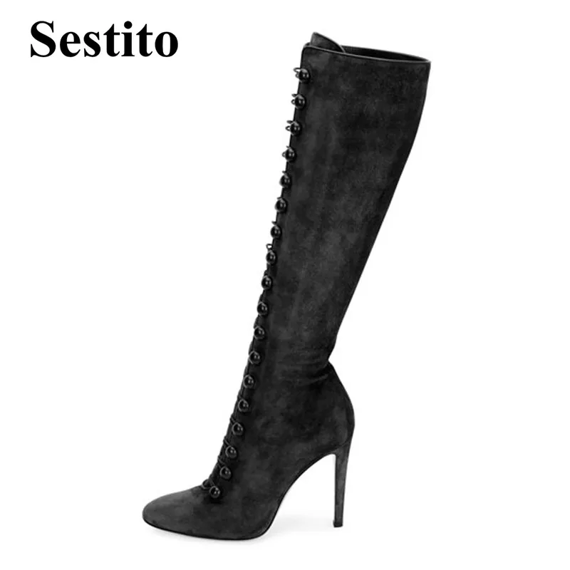 

Sexy Pointed Toe Solid Knee-High Winter Boots Women Flock Super High Thin Heels Basic Button Dress Ladies Shoes Long Boots