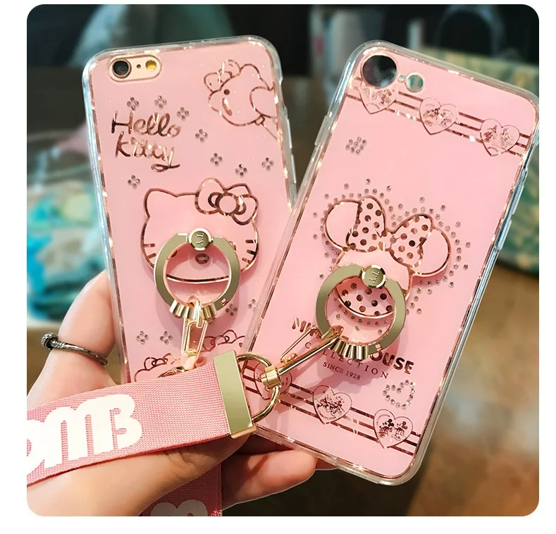 Розовый Блестящий чехол для iPhone 8 блестящий телефона 7 plus 6 S с Минни + кольцо на
