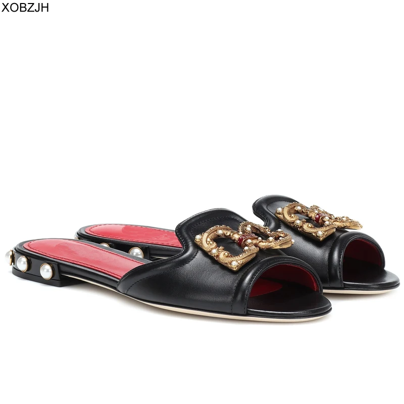 النساء صندل مسطح الصيف الأحذية 2019 العلامة التجارية الانزلاق على جلدية فاخرة D الصنادل الناضجة السيدات الأسود G النعال أحذية مصممين امرأة