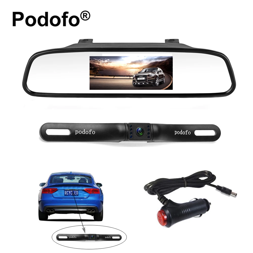 

Podofo Rear View Camera and Monitor Kit 4.3" Vehicle Rearview Mirror Waterproof Reversing Backup Camera System+3.5M Car Charger