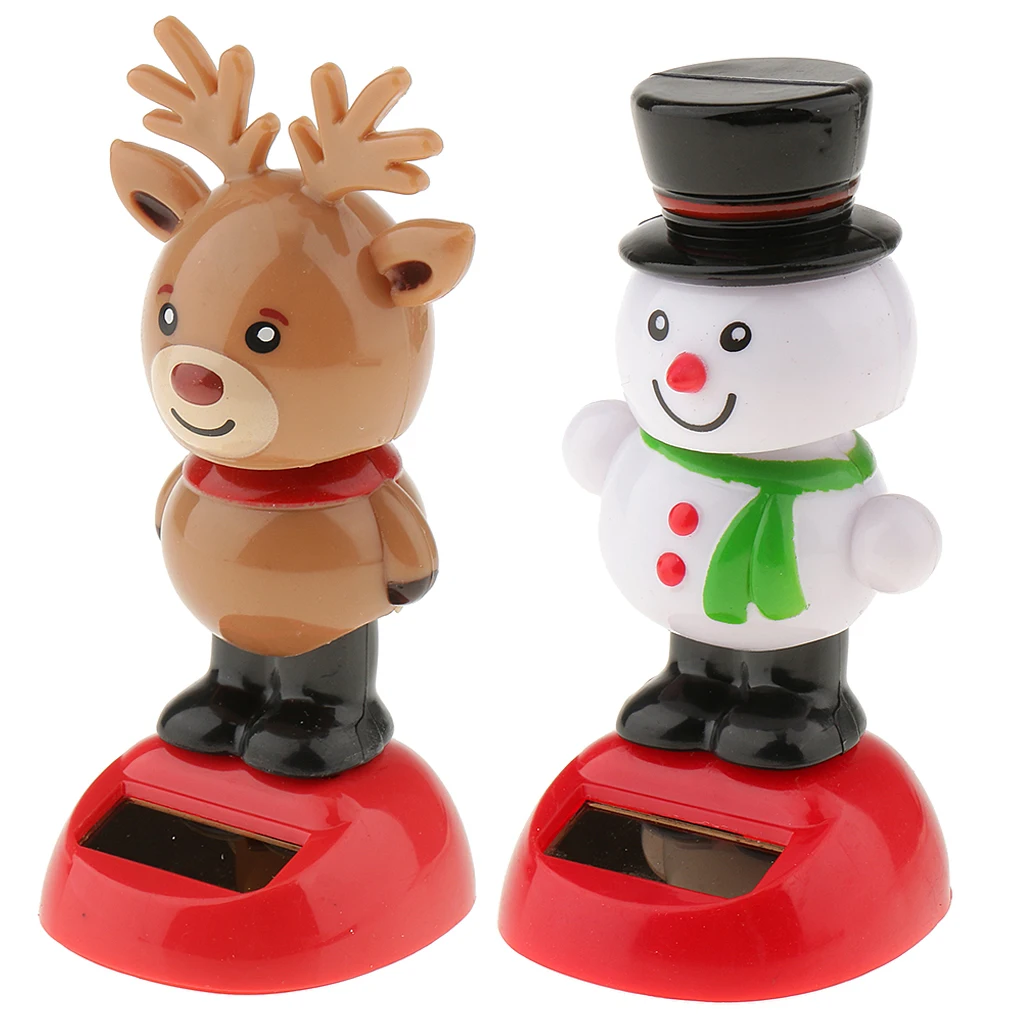 2pcs Solar Power Snowman Elk Swinging Dancing Toy Decorative Figurine Home Car Dashboard Decor Xmas Gift 