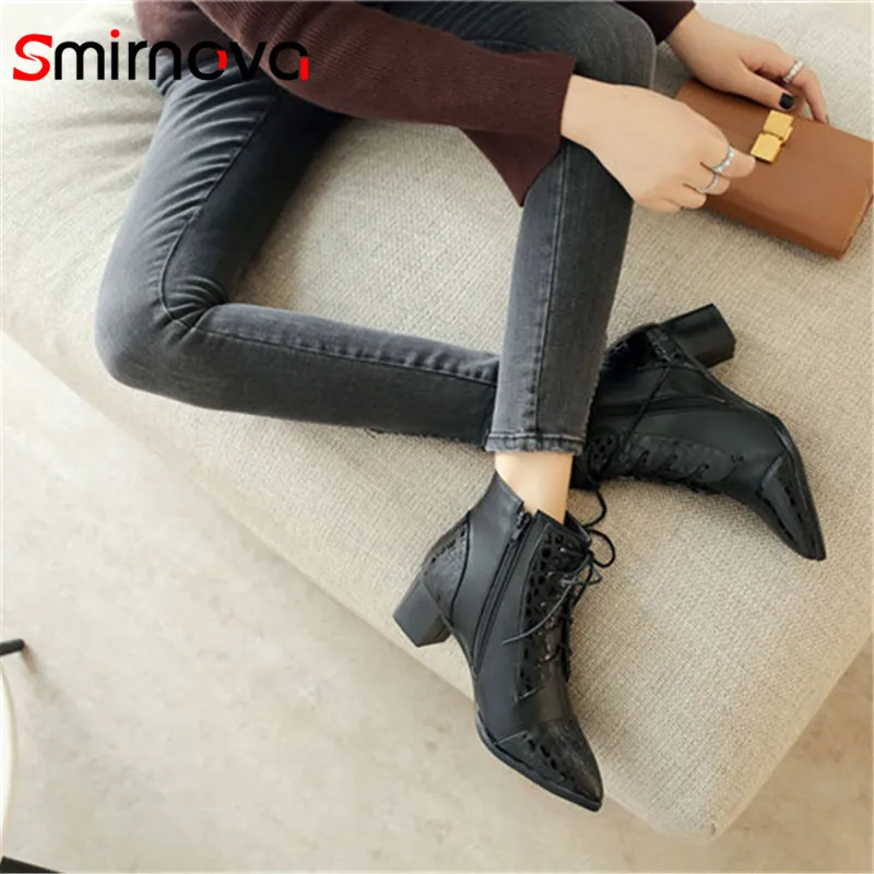 

Smirnova NEW arrive 2020 lace up boots for woman elegant pointed toe pu leather boots ladies autumn fashion ankle boots black