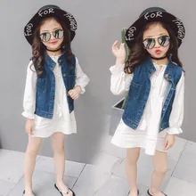 Детская верхняя одежда для девочек, весенне-осенние комплекты года, жилет+ платье, 2 предмета, джинсовое пальто для девочек, детские ковбойские жилеты, жилет для детей 2-7 лет