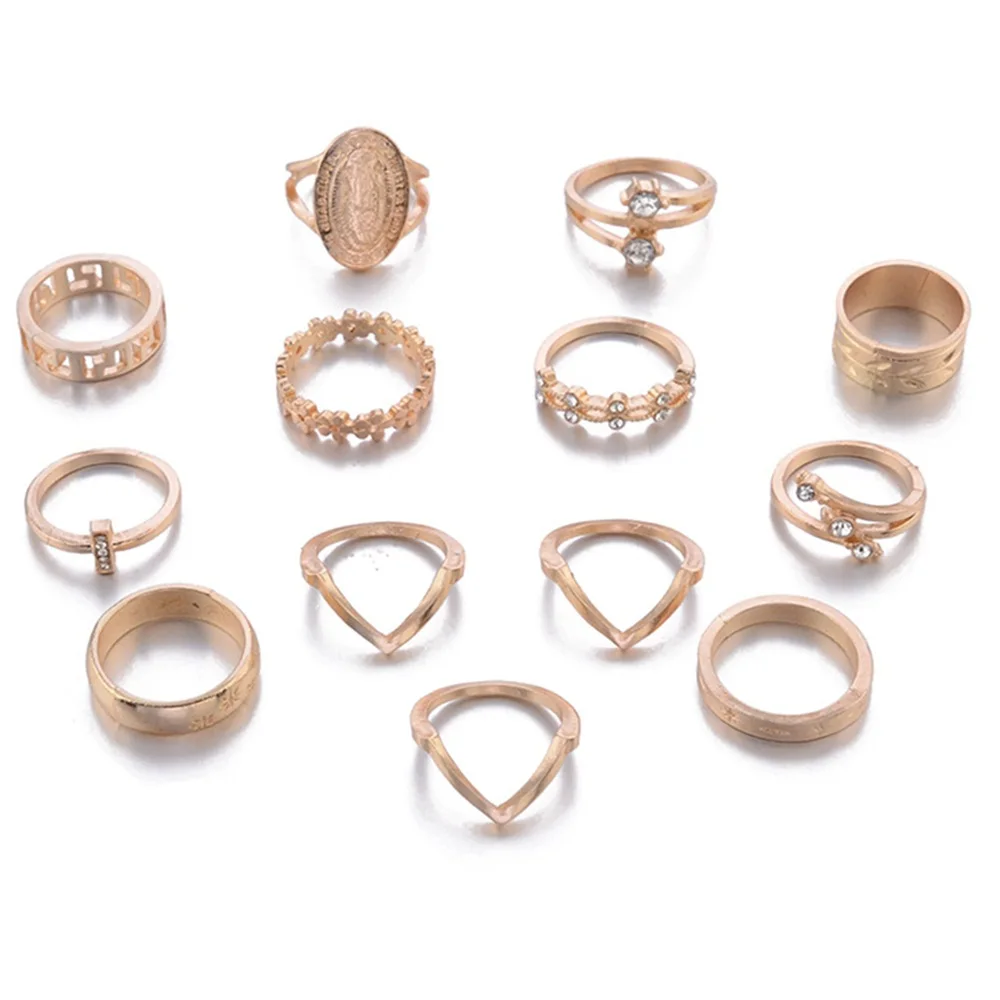 13-Pcs-Set-Boho-Virgin-Mary-Cross-Star-Flower-Leaves-Gem-Round-Gold-Joint-Ring-Set (3) - 