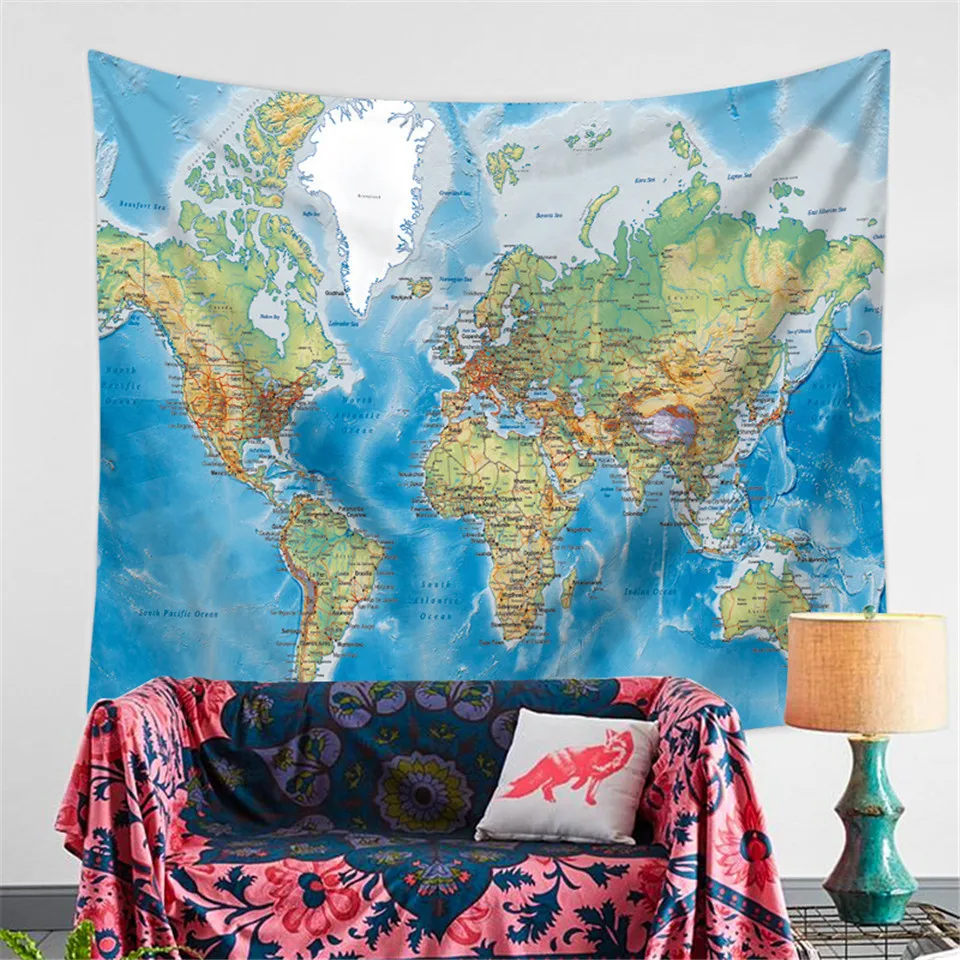 Cilected Polyester World Map Tapestry Sheet Blue Ocean