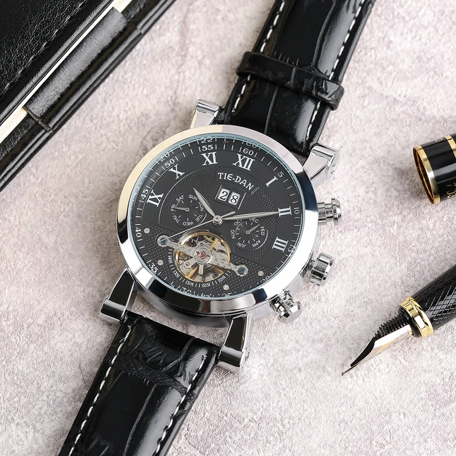 Men's Tourbillon Mechanical Watch Luxury Business Self-Winding Wrist Watch Trendy Genuine Leather Fashion New Time Date Display Best Christmas GiftS for Men Male (11)