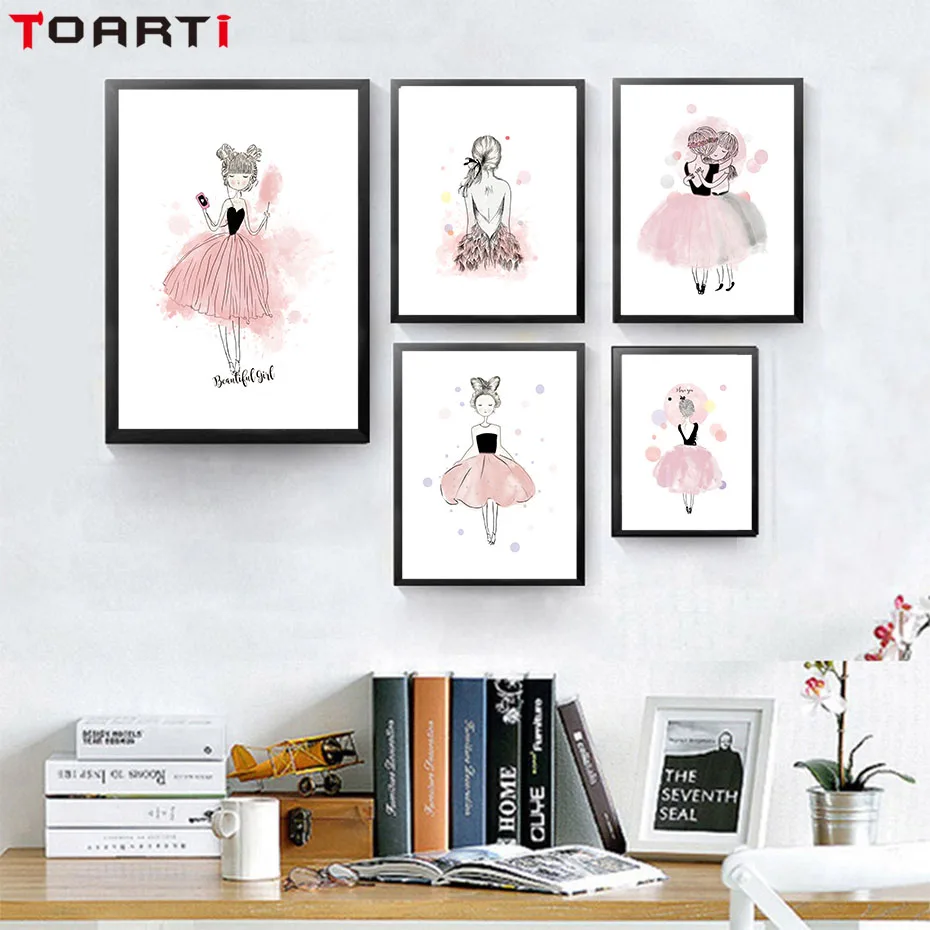 

Watercolor Pink Little fairy Canvas painting Wall Art Print Poster Nordic Style Girls Wall Picture Kids Children Room Decor
