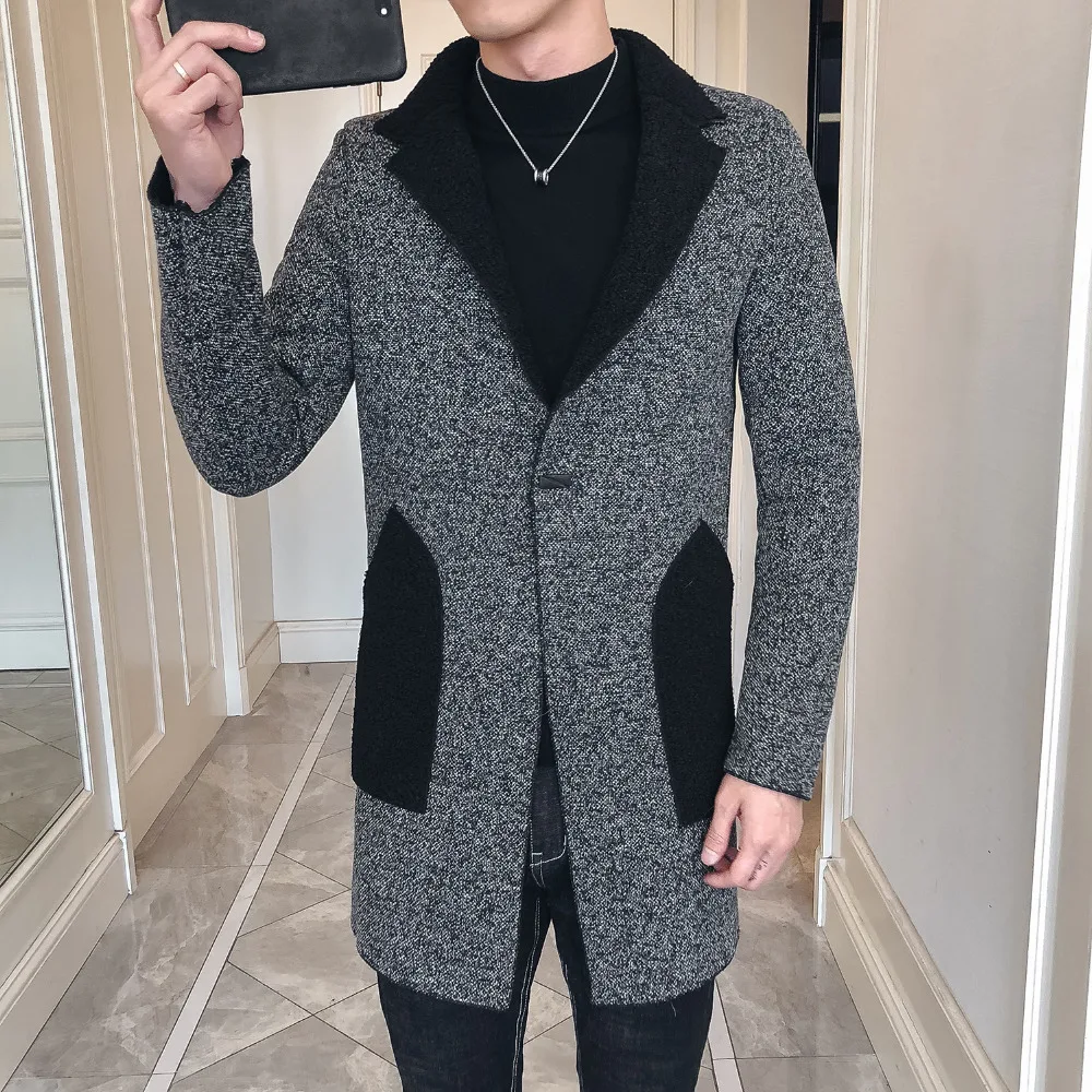 2018 winter new high-end men's fashion stitching lapel coat plus velvet thick tide jacket Slim handsome male jacket 2018 winter new high-end men's fashion stitching lapel coat plus velvet thick tide jacket Slim handsome male jacket