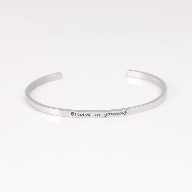 

Silver Stainless Steel Believe In Yourself Cuff Bracelet Bangle Engraved Positive Inspirational Quote fashion Mantra Bangle