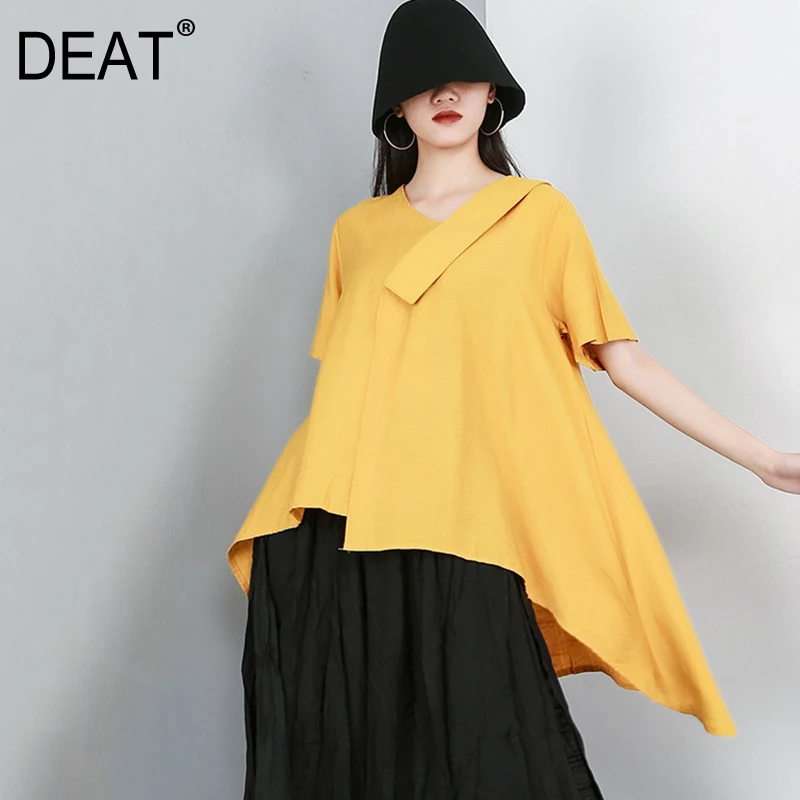 

[DEAT] 2019 New Spring Summer V-Neck Short Sleeve Black Loose Irregular Hem Loose Temperament T-shirt Women Fashion Tide JW91