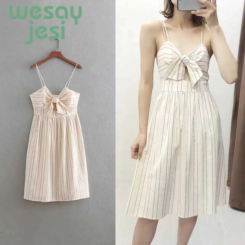 

Summer women Dress chic casual style striped Camisole bow v-neck dress Loose mini Bohemian Vintage Dress