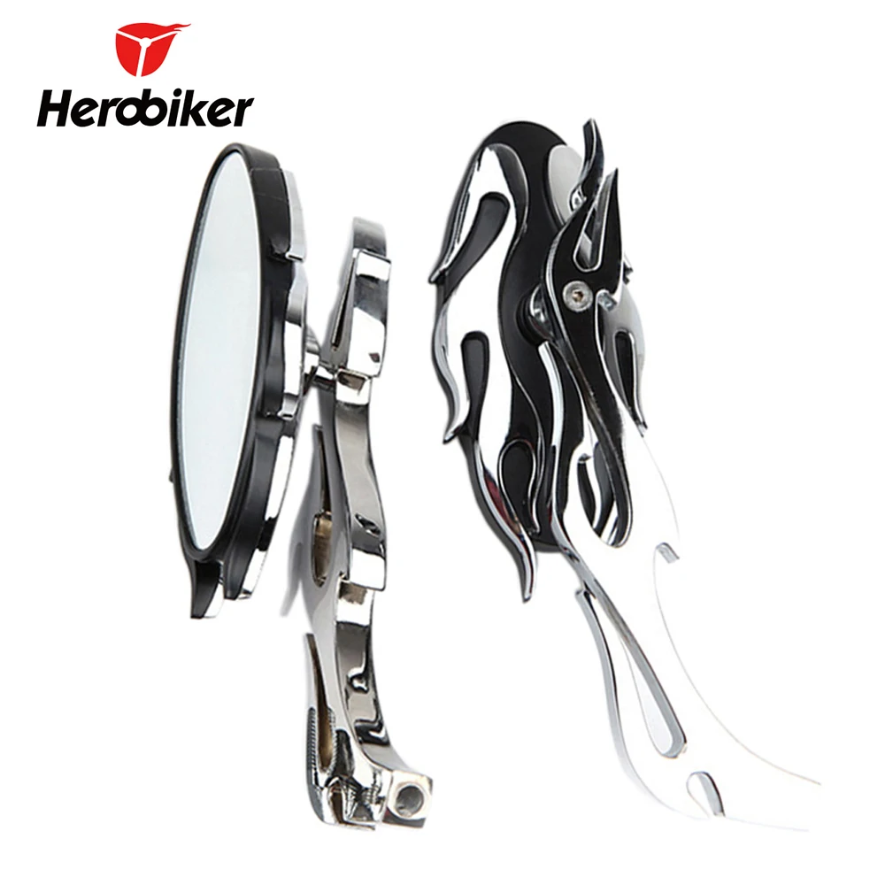 

HEROBIKER Chrome Flame Oval Universal Rearview Mirrors Motorcycle Side Mirrors For Touring Scooter Cruiser Chopper Cafe Racer