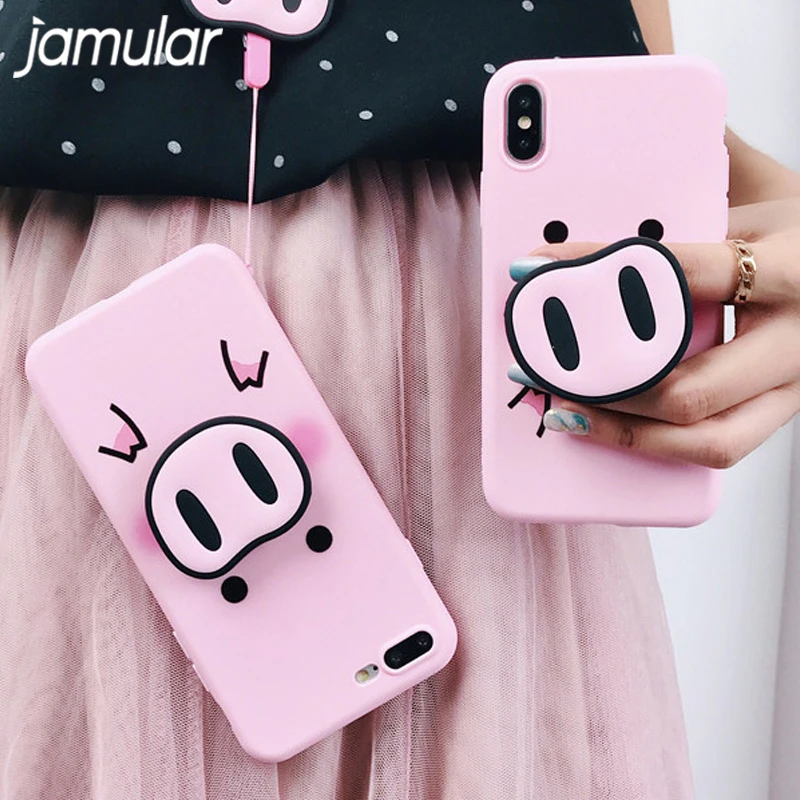 

JAMULAR Cute Cartoon Pig Stand Phone Case For iPhone 7 XS MAX XR 8 6 6s Plus Funny Nose Back Cover For iPhone X Lanyard Coque