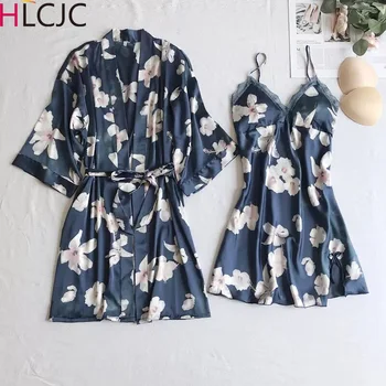 

Women's Robe and Gown Set 2 Pieces Satin Floral Print Sexy Nightwear Robes Sets Loungewear Women Ice Silk Sleepwear Female