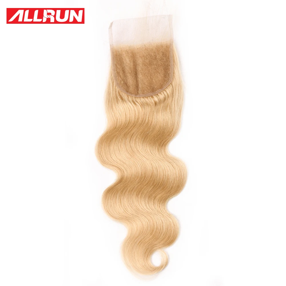 Allrun Pre-Colored Pure Golen #27 Brazilian Human Hair Bundles With Closure Body Wave Hair Bundles With Closure 4*4 Remy Weave