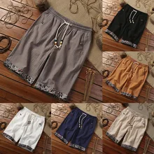 Мужские модные летние повседневные шорты из хлопка и льна с карманами и завязками