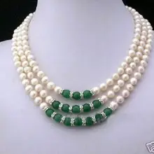 3 ряда 7-8 мм Белое жемчужное и Изумрудное Ожерелье Akoya
