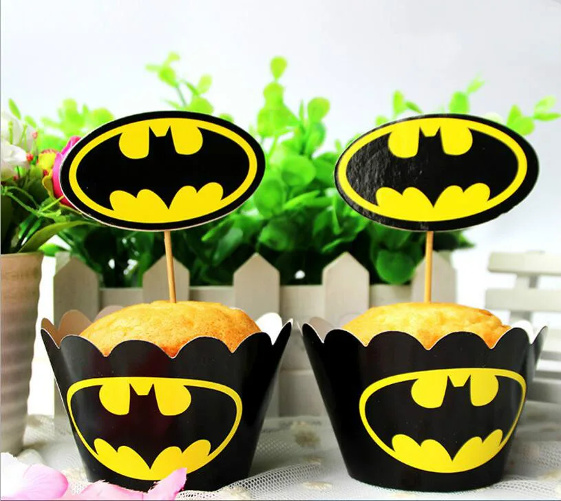 

24pcs/lot Batman Party Paper Cupcake Wrappers Toppers For Kids Party Birthday Decoration Cake Cups(12 wraps+12 topper)