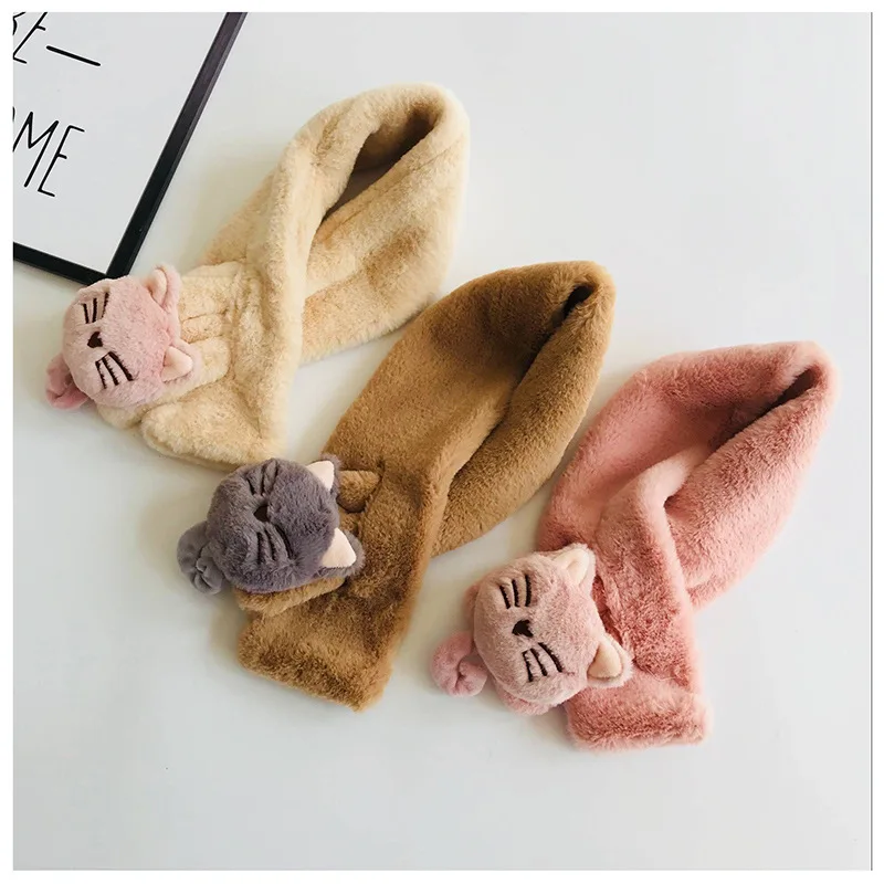

PPXX 2019 Winter Baby Scarf Cartoon Cat Children Scarves Faux Rabbit Fur Neck Warm Kids Scarf Fur Ball Girls Boys Bufanda Bebe