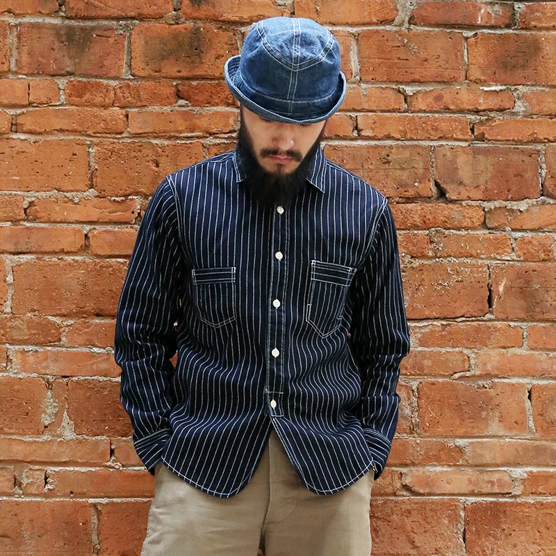 Meilleur LIRE la DESCRIPTION BRONSON Asiatique taille Hommes de Chemise Décontractée À Manches Longues mans vintage wabash bande denim chemise