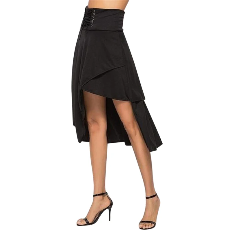 Wipalo Женская винтажная юбка в готическом стиле, стимпанк рок, вечерние юбки в стиле Лолиты, панк, хип-хоп рок-юбка, однотонная ассиметричное миди юбка - Цвет: Black