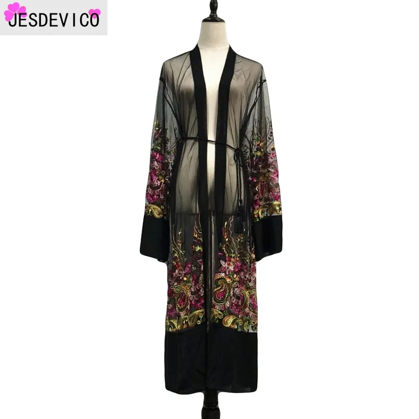Женское кимоно с цветочной вышивкой Abaya мусульманское Сетчатое кафтан