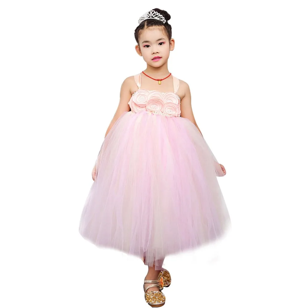 

Cute Flower Girl Tutu Dress for Kids Girl O-neck Solid Pearls Flowers Wedding Bridesmaid Birthday Party Tulle Dresses with Crown