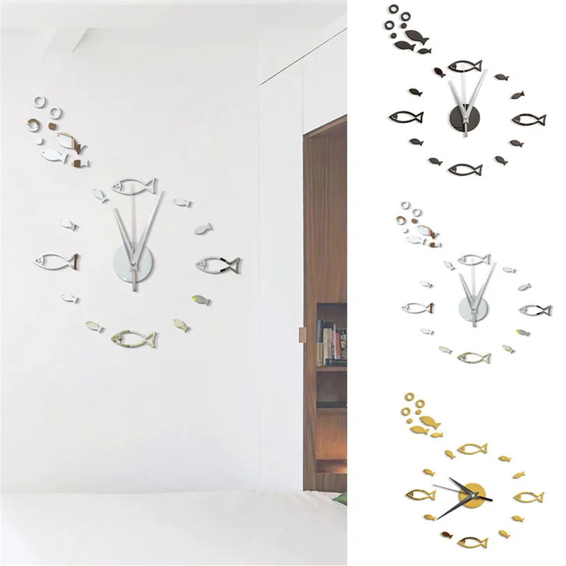 Acrylic Mirror Wall Clock 3D Small Fish Bubble Stereo Acrylic Mirror Wall Clock Home Decoration Wall Clock bullterrier #4J20