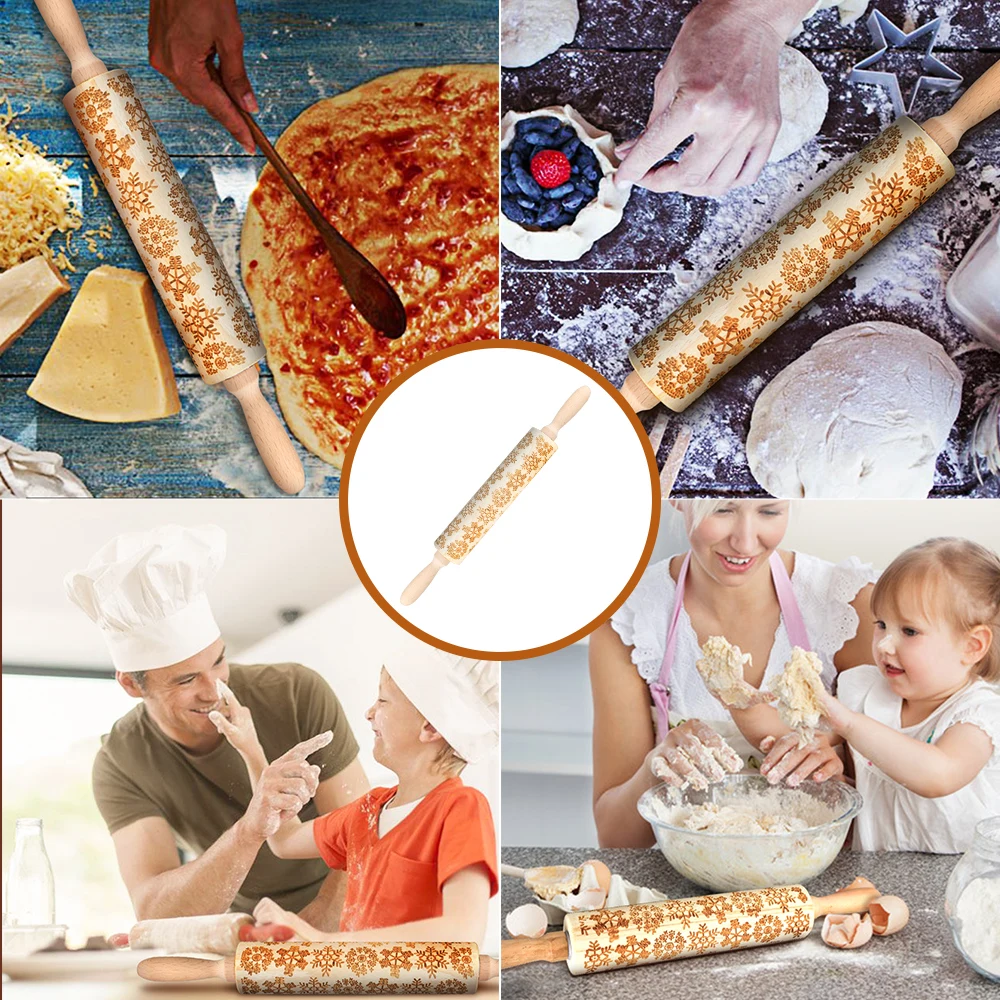High Quality Wooden Embossing Rolling Pin With Reindeer/Christmas Tree/Snowflake Pattern For Making Cookies Noodle Fondant Cake