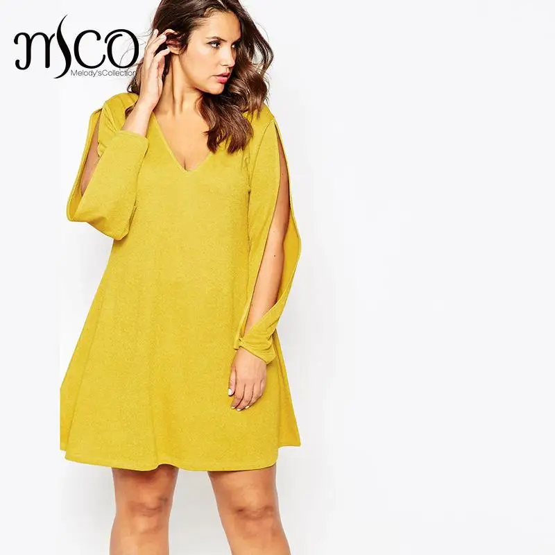 

2016 Brand Casual Autumn Slit Long Sleeves Yellow Dress Cute Mini Women Shift Dresses Sexy V Neck Robe Femme Plus Size 5XL 6XL