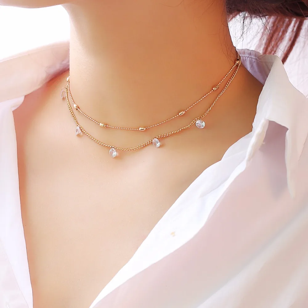 

Ingemark Double Layer Chain Beads Chain Pendant Rhinestone Choker Necklace for Women Simple Neck Chocker Clavicle Jewelry Gift