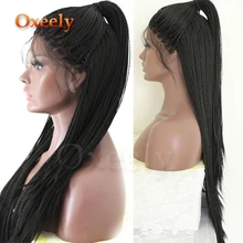 Oxeely длинные плетеные синтетические кружевные передние парики термостойкие черные микро косы с детскими волосами натуральный коса парик для черных женщин