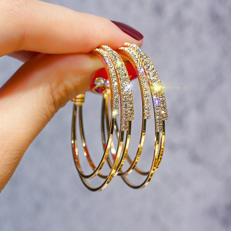 

Gold Silver Circle Hoop Earrings C Shape Rhinestone Inlaid Ear Stud Hoop Earrings Jewelry Gift Wedding Accessories For Women
