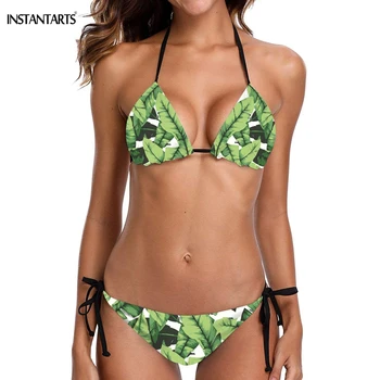 

INSTANTARTS Summer Bathing Suits Green Palm/Banana Leaves Pattern Woman Sexy Halter Bikini Set Padded Triangle Push Up Beachwear