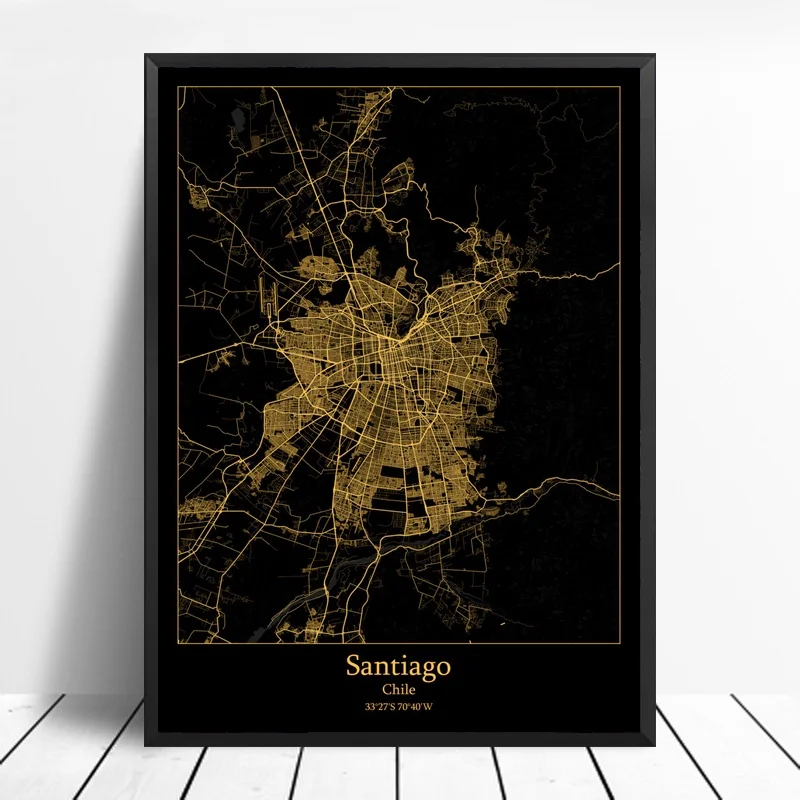 

Santiago Chile city map Black and Gold City Map Modern City Canvas Art Print Wall Pictures for Living Room No Frame