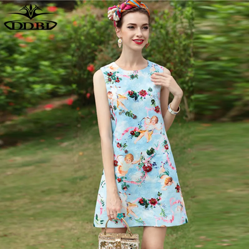 angels print blue tank dress designer runway dress high quality 2018 20180516