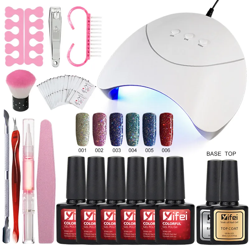 

YIFEI Nail Art Tools Kit Full Set 36w UV Lamp Dryer With 6pcs Nail Gel Polish Top Base Coat Manicure Set & Kits Nail Polish Set