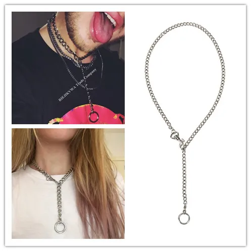 Silver Chain Necklace with O Round for Women Men 60cm Cool Handmade Girls Punk Gothic Metal Chain Collar Choker