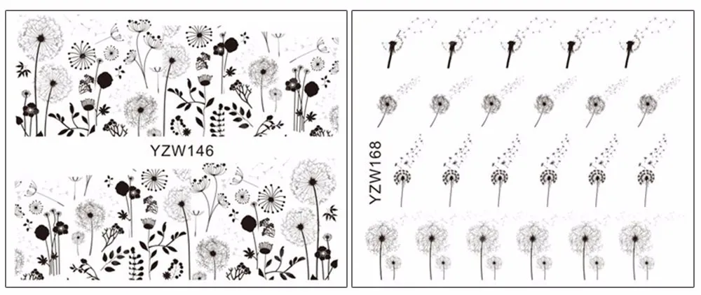 YZWLE 2 узора/лист Летающий Одуванчик дизайн ногтей водные переводные наклейки YZW146 и 168