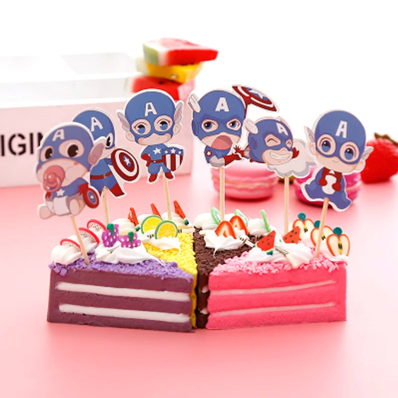 

24PCS/pack Happy Birthday Party Cake Topper With Sticks Captain America Theme Decoration Baby Shower Boys Favors Cupcake Toppers