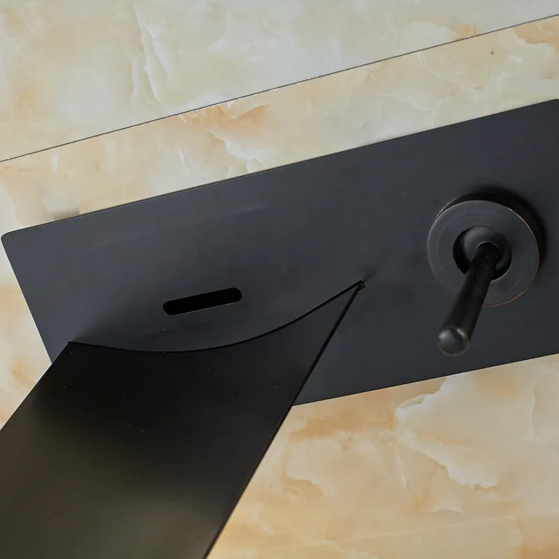 Black Brass Wall Mount Waterfall Type Single Handle Faucet with Color Changing LED Light