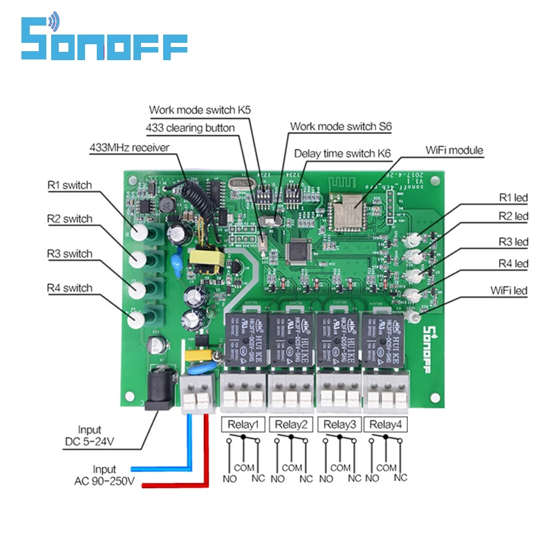 Цена Sonoff 4CH Pro R2 433 МГц 4 канала RF беспроводной дистанционный Wifi умный переключатель инчинг интерлок реле Alexa Google Home